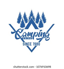 Camping site illustration with pine forest with simple typography. Suit for logotype, badge, emblem, marketing material, company logo, etc