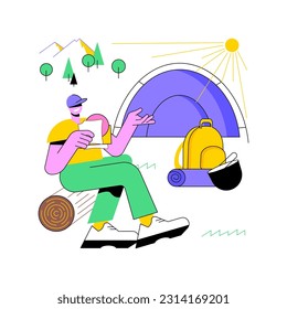 Campingplatz einzeln auf Cartoon, Vektorgrafiken. Der junge Mann baut ein Zelt in den Bergen, Menschen Lifestyle, Bergsteiger und Camping Hobby, schöne Landschaftsvektorcartoon.