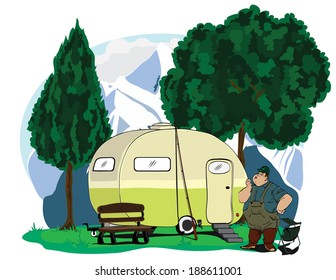 Camping site with man,camping trail,trees,bench
