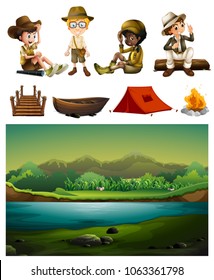 Camping site and many children illustration