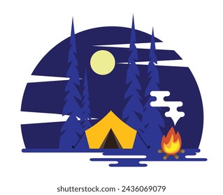 Camping Site at Night with a Tent and Fire Flat Style.Nature and outdoors activities concept vector