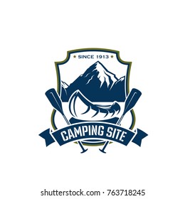 Camping site or outdoor mountain hiking and rafting sport adventure icon for extreme nature explorer team club. Vector isolated canoe boat on river and alpine mount rock with ribbon fro camp trip