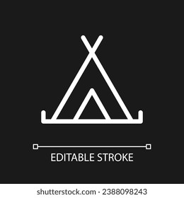 Camping site pixel perfect white linear ui icon for dark theme. Navigation. Campground location. Vector line pictogram. Isolated user interface symbol for night mode. Editable stroke. Arial font used