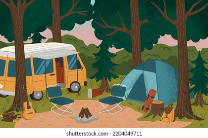 Camping Site With Tent, Bonfire And Camper Van. Summer Camp Vacation Vector Illustration. Forest Landscape With Camping Equipment. Adventure, Nature, Campfire