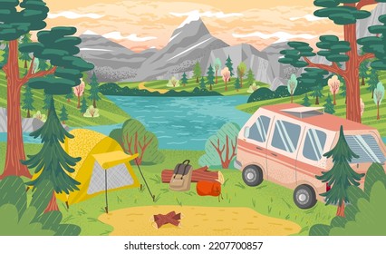 Camping site with tent, bonfire and camper van with mountain and lake landscape on background. Summer camp vacation vector illustration. Adventure, nature, campfire svg