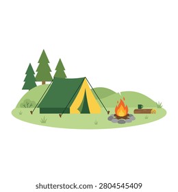 Camping Site With Tent And Campfire