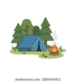 Camping Site With Tent And Campfire