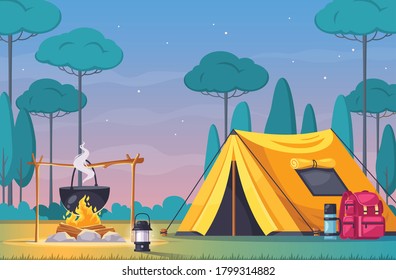 Camping site with tent fire and equipment cartoon composition vector illustration