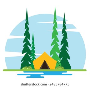 Sitio de camping con una tienda de estilo plano. Vector concepto de vacaciones de verano y senderismo por la naturaleza