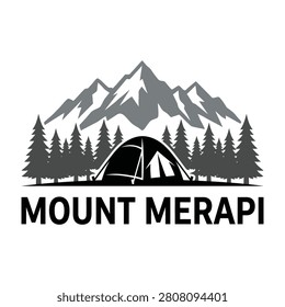 Camping site with tent in front of Mount Merapi and pine trees, perfect for outdoor and travel themes