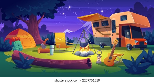 Camping site with trailer, tent and burning bonfire in night forest glade. Cartoon vector illustration of colorful natural landscape with tourism accessories for family travel anf vacation rest