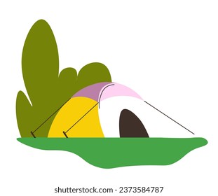 Camping site for travelers and tourists. Isolated tent surrounded by nature, trees and vegetation. Flora and landscape outdoors. Campsite for staying over for night. Vector in flat style illustration