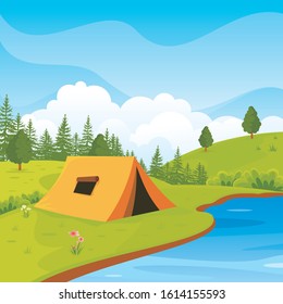 Camping Site Vector Illustration. with nature scenery landscape, such us tree, grass, mountain, Cloud and blue sky.