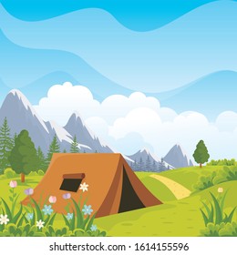 Camping Site Vector Illustration. with nature scenery landscape, such us tree, grass, mountain, Cloud and blue sky.