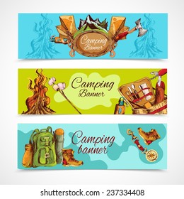 Camping sketch banner horizontal set with backpack hiking boots bonfire isolated vector illustration