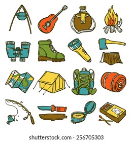 Camping sketch icon set with tent axe compass lantern isolated vector illustration