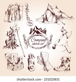 Camping sketch set with tent campfire tourist map isolated vector illustration