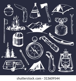 Camping sketched elements. Vector set of vintage hand drawn tourism illustrations. Outdoor adventures collection for emblems, badges, labels etc.