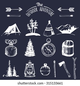 Camping sketched elements. Vector set of vintage hand drawn tourism illustrations. Outdoor adventures collection for retro hipster emblems, badges, labels etc.