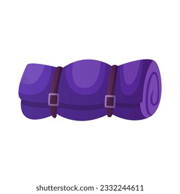 Camping sleeping bag. Active recreation, tourists, summer vacation. Traveler camp at nature trees. Hiking, travel activity. Vector