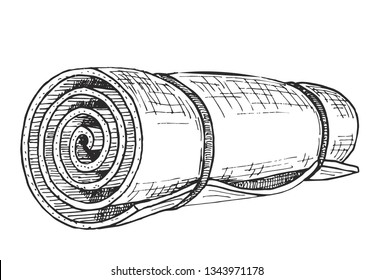 Camping Sleeping Bag, Bed Roll. Roll Of Camping Or Fitness Carpet Sketch. 