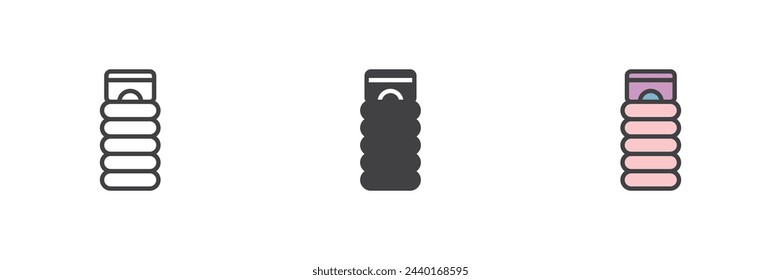 Conjunto de iconos de diferentes estilos de saco de dormir de camping. Línea, glifo y contorno relleno versión colorida, contorno y signo de vector relleno. Símbolo, ilustración del logotipo. Gráficos vectoriales