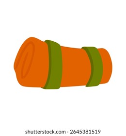 Ilustração de esteira de dormir de acampamento. Esteira de dormir laranja laminada estilo desenho animado com tiras verdes, isolada sobre fundo branco. Ilustração de equipamento de acampamento plano, vista lateral.