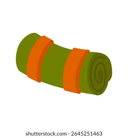Ícone de Camping Sleeping Mat Roll. Ilustração de desenho animado plano de um tapete de dormir de acampamento verde enrolado com tiras laranja. Simples ícone de engrenagem ao ar livre, isolado no fundo branco.