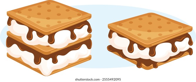 Camping Snacks: S`more and Double Decker Party S`more. American Graham Cracker Sandwiches Isolated 