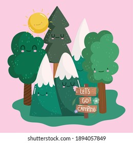 camping snowy mountains forest trees and guide sign board in cartoon style design vector illustration