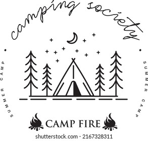 Camping Society und Campfire im Sommer Silhouette auf weißem Hintergrund