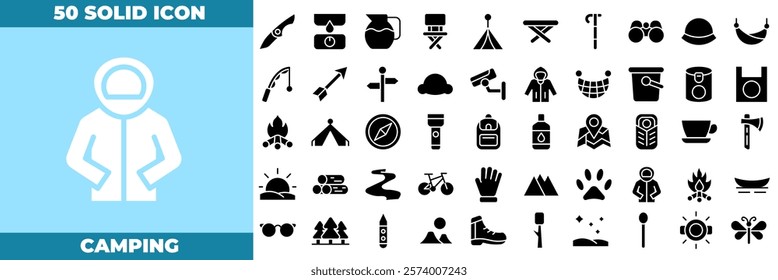 Camping Solid Editable Icons set. Vector illustration in modern thin solid style of camping icons: Camp, tent, fishing, nature, picnic table, etc