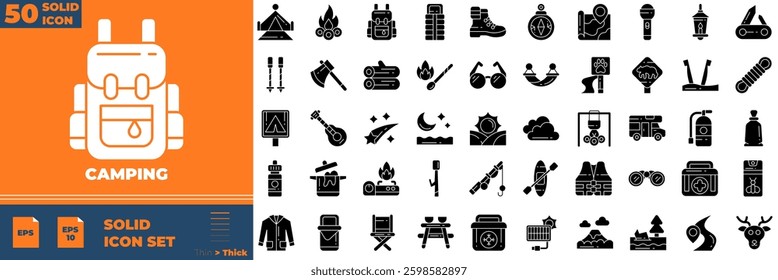 Camping Solid Editable Icons set. Vector illustration in modern thin solid style of camping icons: Camp, tent, fishing, nature, picnic table, etc