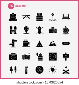 Camping Solid Glyph Icon Pack For Designers And Developers. Icons Of Bench, Camping, Outdoor, Travel, Camping, Match, Outdoor, Fire, Vector