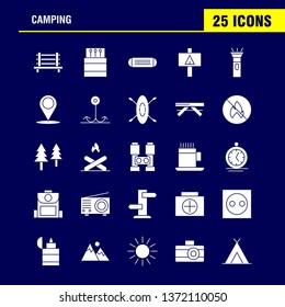 Camping Solid Glyph Icon Pack For Designers And Developers. Icons Of Bench, Camping, Outdoor, Travel, Camping, Match, Outdoor, Fire, Vector
