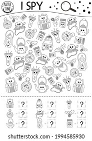 Camping I spy black and white game for kids. Searching and counting outline activity or coloring page with summer camp equipment. Funny printable worksheet with smiling kawaii objects. 
