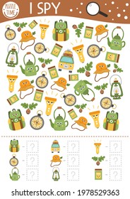 Camping I spy game for kids. Searching and counting activity for preschool children with summer camp equipment. Funny printable worksheet for kids with smiling kawaii objects. Simple spotting puzzle