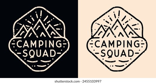 Emblema de insignia de campista del grupo de tripulación de camping. Ilustración estética vintage retro amante de las montañas. Cotizaciones al aire libre para combinar amigos de la familia viaje aventuras amigos logo camisa diseño Vector de impresión.