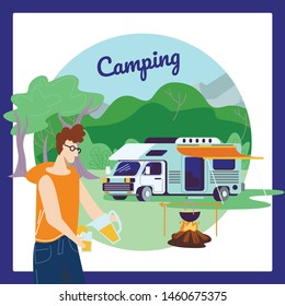 Camping Square Banner, Young Man Pouring Orange Juice to Glass on Summer Camp Background with Campfire and Motor Home Car. Summertime Vacation, Forest, Tourist Leisure Cartoon Flat Vector Illustration