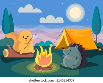 Camping with squirrel and hedgehog. Flat vector illustration. 