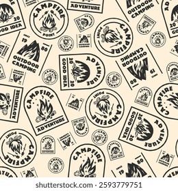 Camping stamp. Outdoor adventure seamless pattern. Bonfire seal imprints. Hiking travel. Campsite patches. Scout journey expedition. Trekking tourism wrapping paper