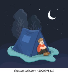 Camping Star Gazing Boy In Tent Vector Illustration