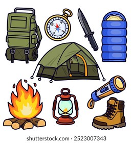 camping sticker set cartoon illustration