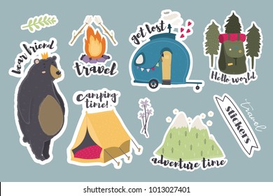 Camping Stickers. Hand Drawn Colored Vector Set. All Elements Are Isolated