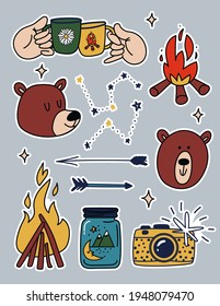 Camping stickers set. Cartoon cute bears, different bonfires. Travelers' hands clink with marching mugs. Vector illustrations of outdoor recreation in memories on camera isolated.