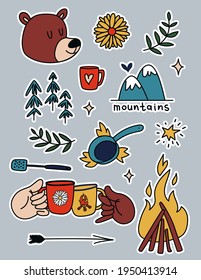 Camping stickers set. Cartoon elements of the forest, campfire. Collection of hiking and cooking travel stickers in the mountains. Vector illustrations of outdoor recreation isolated.