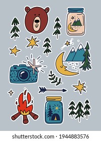 Camping stickers set. Cartoon patches of mountains, bears, campfires. Collection of travel stickers vacation in the mountains. Vector illustration of camping inside a jar, camera, and stars isolated.