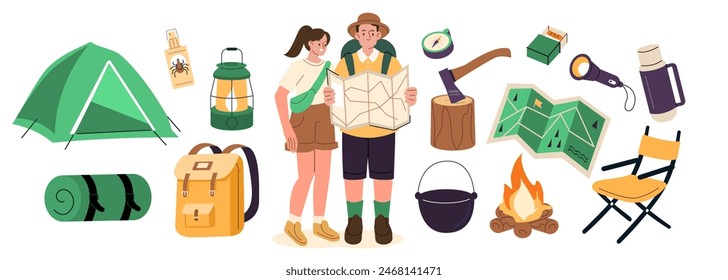 Camping stickers set. Characters preparing to camping and taking tent, lantern and other outdoor gear. Summer activity concept. Vector illustration.