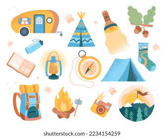 Camping stickers set. Collection of graphic elements for website. Tent, flashlight and campfire. Compass, backpack and caravan. Cartoon flat vector illustrations isolated on white background