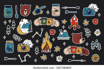 Camping stickers set. Hand drawn collection of colored elements of camping, outdoor recreation with cute bears. Cartoon vector illustration of tourism concept, wild adventures in nature on black.